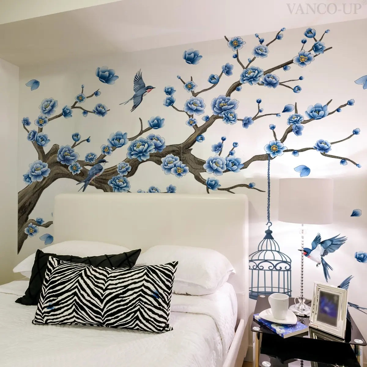 A set of two (30*90cm*2pcs) blue flower, branch and birdcage wall stickers, Decorative Wall Stickers, Wall Stickers Decorations, home decor for living room and bedroom (M15054-YC)