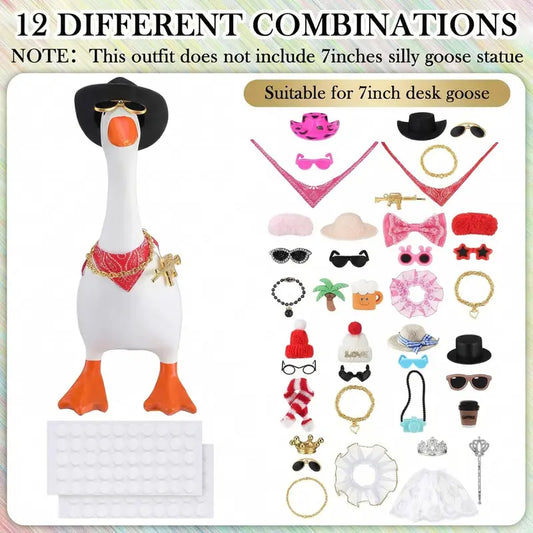 12 Set 7 Inch Desk Goose Outfits - Mini Desk Goose Accessories with Hats, Glasses, Necklaces- Dress up Set for Magnetic Geese Statue Key Holder, Office Gift Table Decor (Not Included Goose)