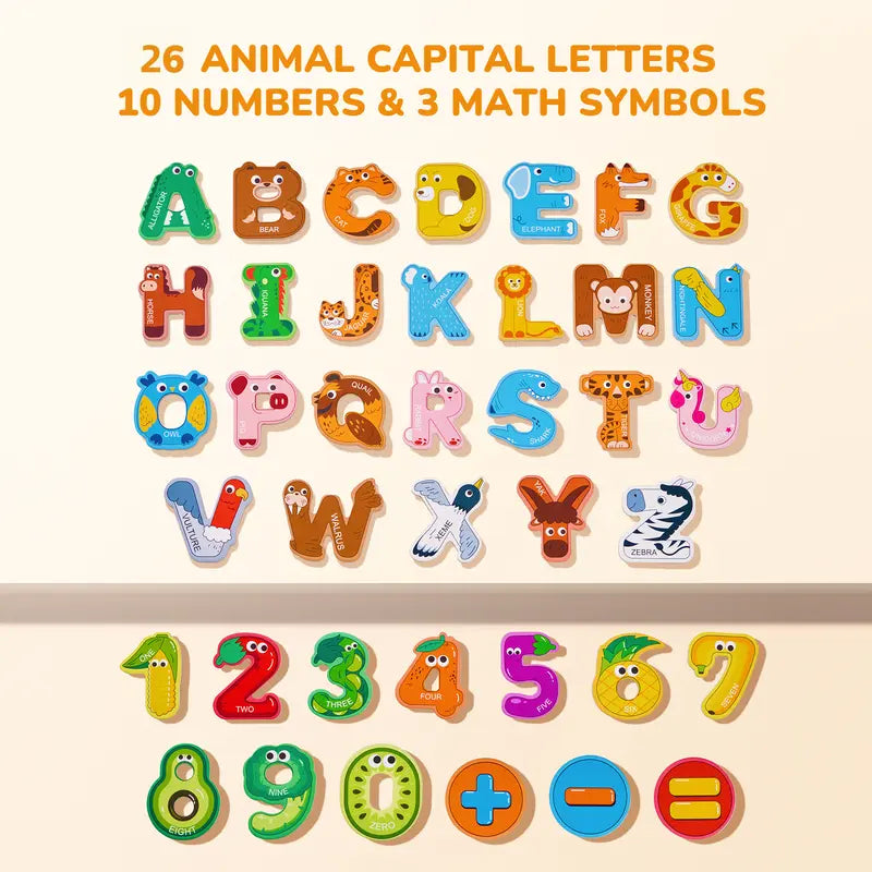 JoyCat Thick Wooden Large Round Animal & Fruit Shaped Magnetic Item Set, Refrigerator Decor with 26 Uppercase ABC Letters, 0-9 Numbers, Full Magnet Back, Room Decor, Storage Box, Educational Language Toy summerwins