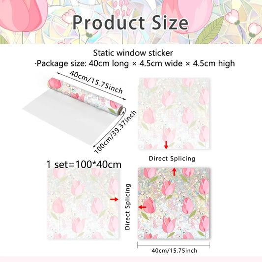(40*100cm) pink flower floral tulip colorful 2D flat window decorative sticker, window decoration electrostatic glass sticker, Decal Sticker, Floral Stickers, Floral Pattern Sticker, Decoration Items, XC3028-YL