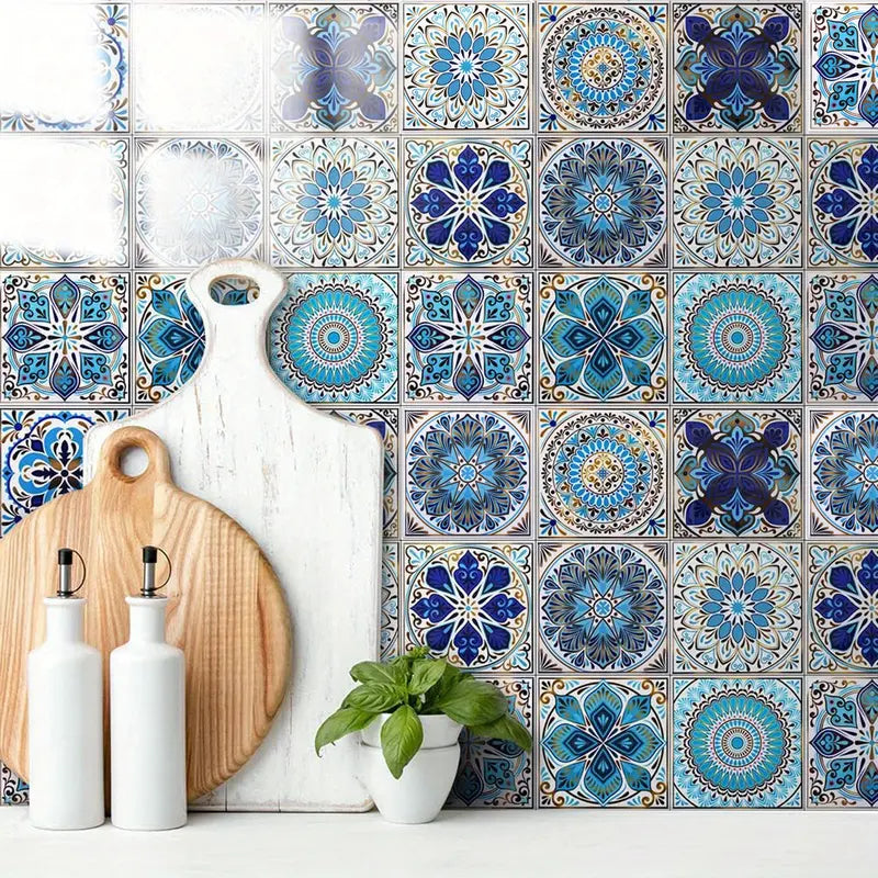 20pcs 4x4in Self-Adhesive Blue Mandala Art Stickers - Waterproof Vinyl, Classic Flashing Whimsical, Renter-Friendly Multi-Surface, Kitchen Accessories for Tile, Bathroom Decor Ideas, Accent Wall Home Decor
