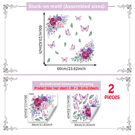 2Pcs Set (3030cm2pcs) Watercolor Purple Peony Butterfly Diagonal Static Flower Window Clings, Romantic Light Purple Floral Glass Decor Decals Sticker Decorations for Kids Bedroom & Living Room