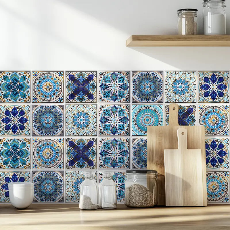 20pcs 4x4in Self-Adhesive Blue Mandala Art Stickers - Waterproof Vinyl, Classic Flashing Whimsical, Renter-Friendly Multi-Surface, Kitchen Accessories for Tile, Bathroom Decor Ideas, Accent Wall Home Decor