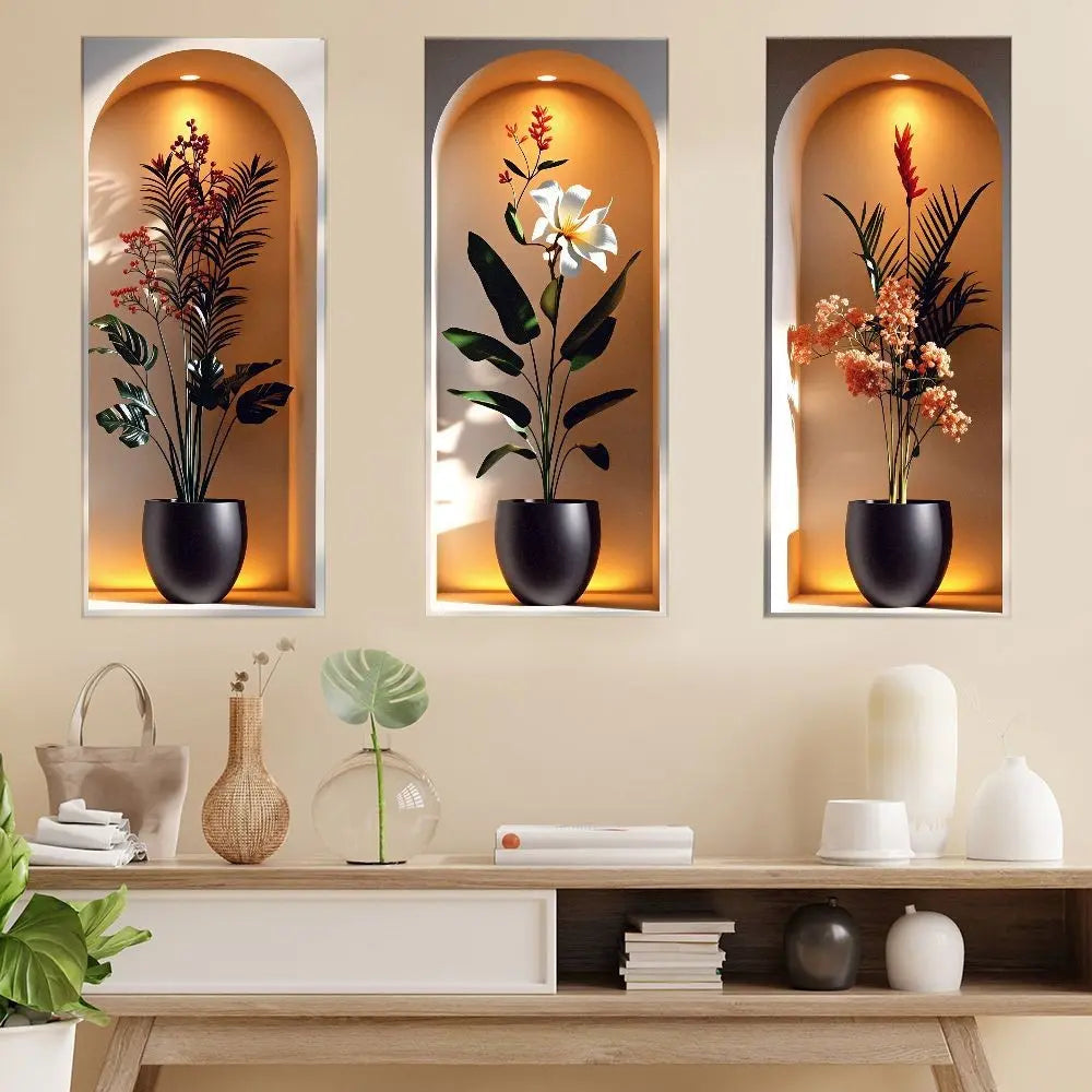 Elegant Tropical Plant Niche Wall Stickers Decor Wall Decals, Decoration Items, Arch Display Window Theme Exotic Leaf Floral Fake Window Scene, Removable Self-Adhesive PVC Wallpaper