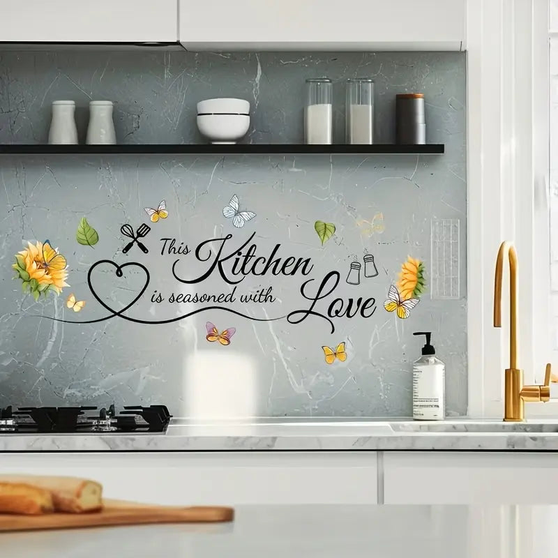 1Pc Flower Butterfly Kitchen Decoration Wall Stickers, DIY Kitchen Slogan Wall Stickers, Removable Vinyl Wall Stickers, Used for Kitchen, Restaurant, Bar, Baking Room Doors, Home Decoration, Valentine's Day, Ramadan Festivals, Floral Wall Decals