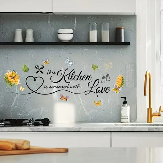 1Pc Flower Butterfly Kitchen Decoration Wall Stickers, DIY Kitchen Slogan Wall Stickers, Removable Vinyl Wall Stickers, Used for Kitchen, Restaurant, Bar, Baking Room Doors, Home Decoration, Valentine's Day, Ramadan Festivals, Floral Wall Decals