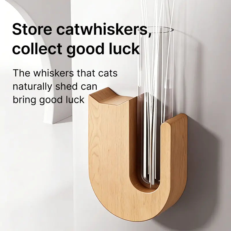 Walnut Wooden Curved Cat Whisker Storage Box - Pet Memorial Gift for Family and Friends, Single Unit Magnetic Hold Refrigerator Stick Display, Safe Handling Vent-ready Clip, Window-mountable Option, Transparent Wood View Keepsake