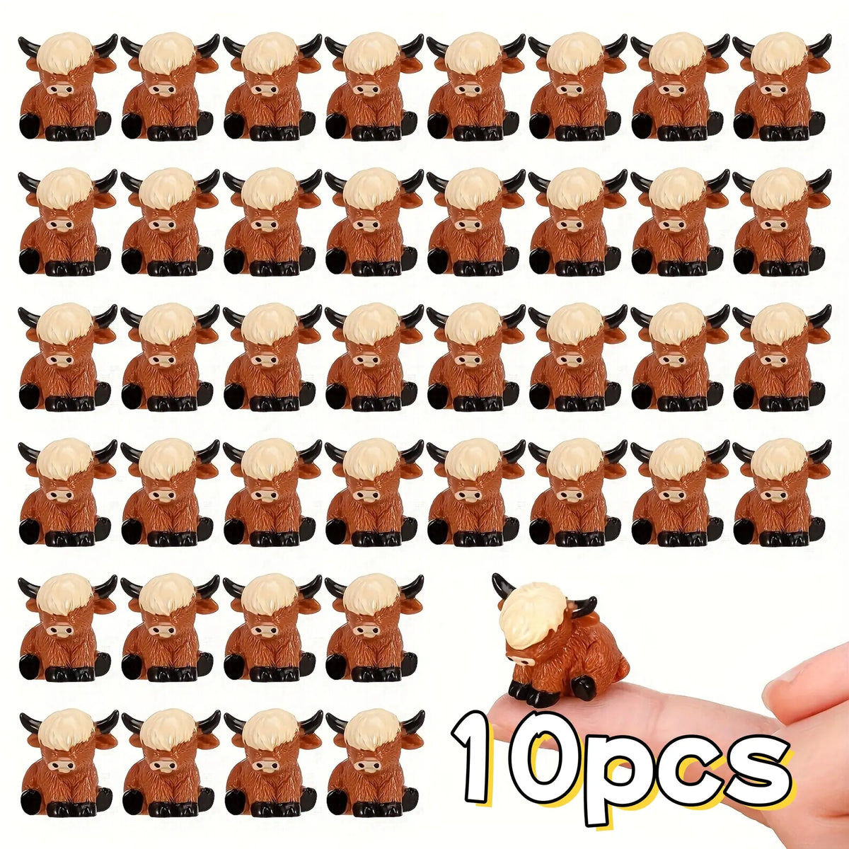 10Pcs Miniature Highland Cow Figurines, Resin Sculptures, Cute Detailed Decorative Pieces, Small and Precise, Perfect for Home Garden Party Decoration