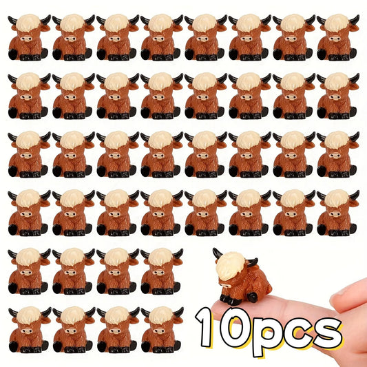 10Pcs Miniature Highland Cow Figurines, Resin Sculptures, Cute Detailed Decorative Pieces, Small and Precise, Perfect for Home Garden Party Decoration
