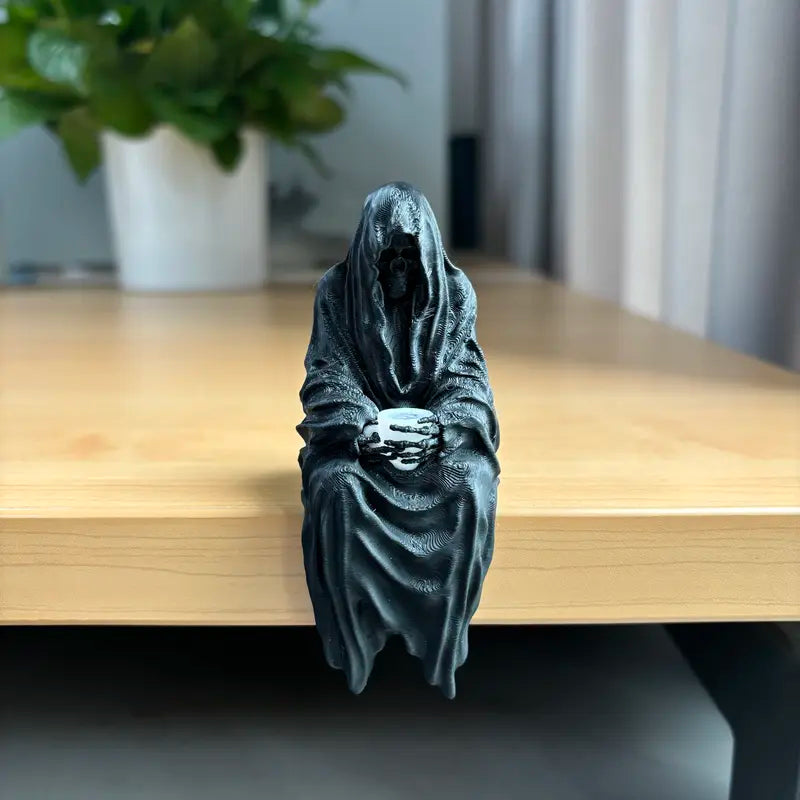 Seated Ghost With Tea Cup- 3D Printed Gothic Decoration, Skeleton Holding Cup, Halloween Horror Decor, Black Resin Figurine