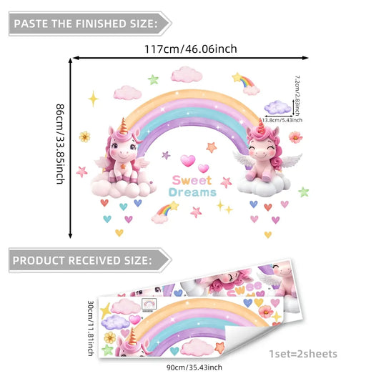 Rainbow Cloud Unicorn Wall Decals Set, 2 Sheets (30x90cm), Home Decor for Living Room & Bedroom, Decorative Stickers, Decoration Items, Easy-Remove Wallpaper Stickers, Wall Stickers Decorations