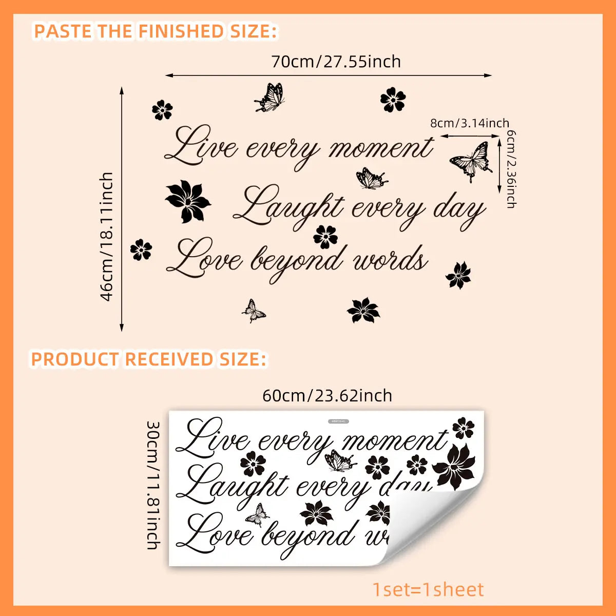 (30*60cm) black English slogan butterfly and flower Decorative wall sticker for beautifying home, living room, entrance, corridor, bedroom decoration background wall. Self-adhesive, Floral Pattern Sticker, MS8729
